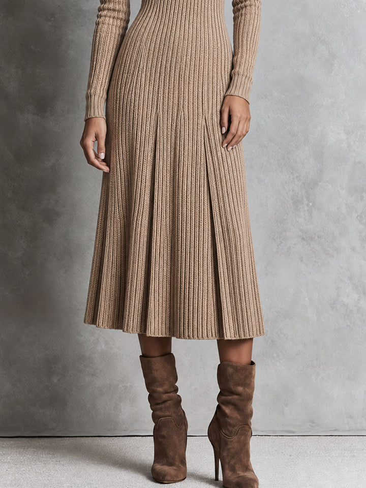 Chic Oat-Colored Midi Knitted Dress with Collar and Pleated Details