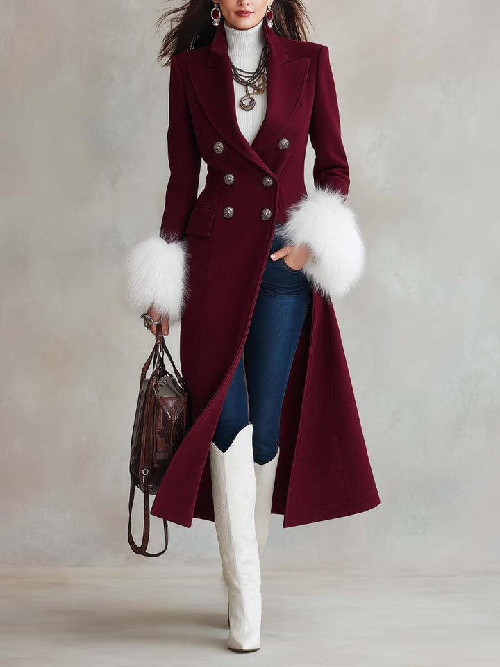 Elegant Women's Long Wool Coat with Double-Breasted Closure and Faux Fur Accents