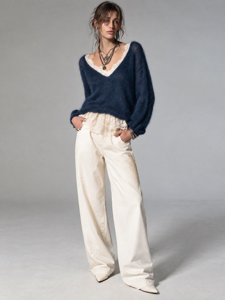 Elegant Mohair Top with Stylish Faux Layering and Lace Accents.