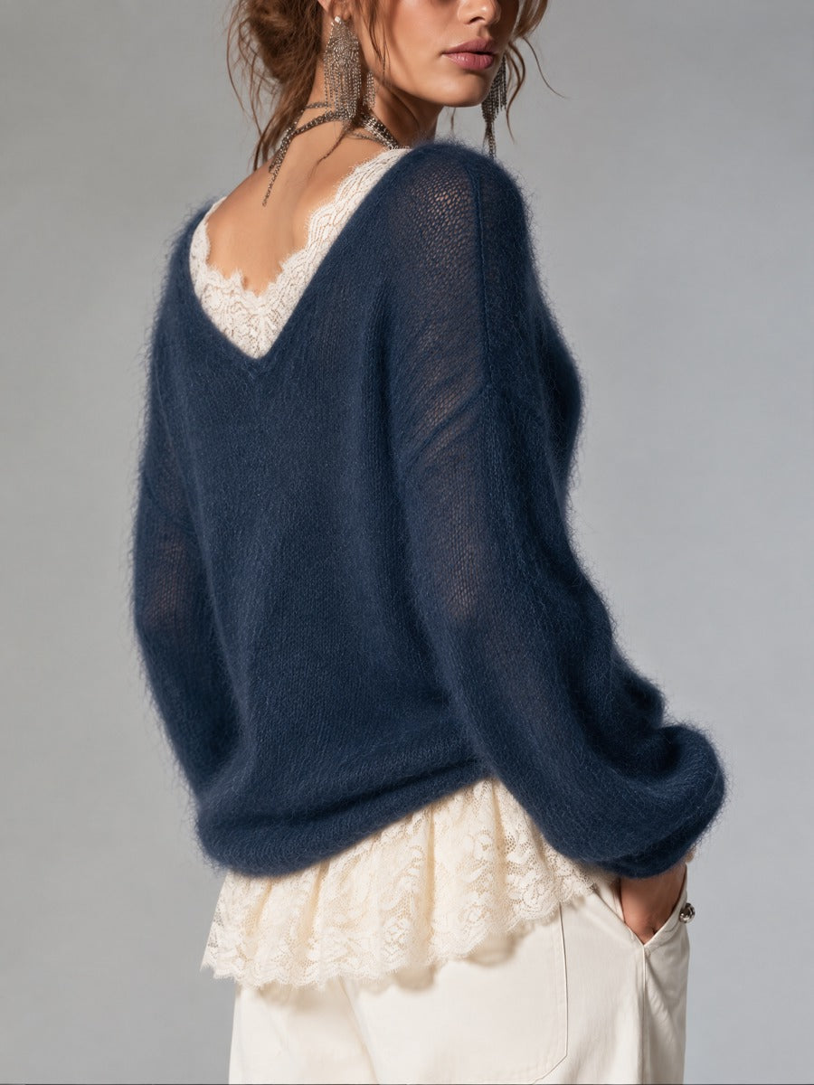 Elegant Mohair Top with Stylish Faux Layering and Lace Accents.