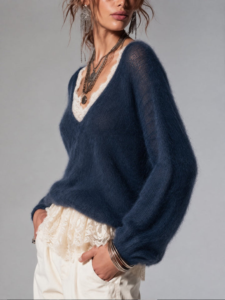 Elegant Mohair Top with Stylish Faux Layering and Lace Accents.
