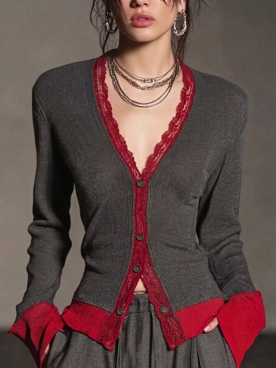 Lace-Trimmed Contrast Cardigan