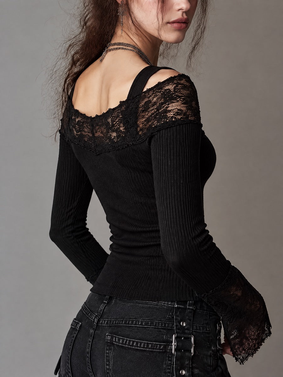 Lace-Trimmed Gothic Top with Open Shoulders, Long Sleeves, and Fingerless Hoods