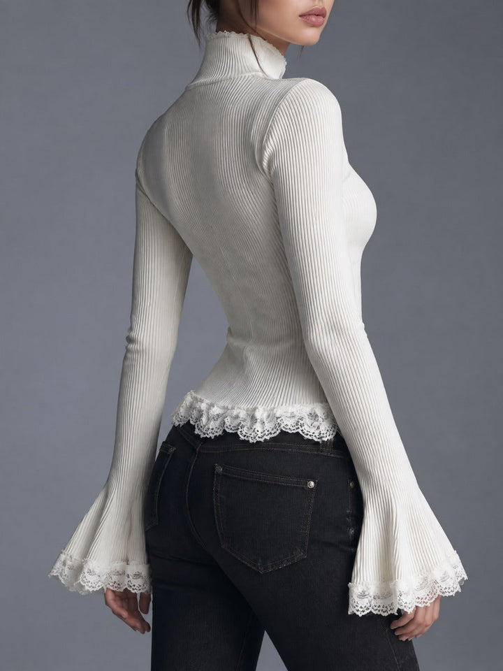 Lace-Trimmed Striped Knit Blouse with Puff Sleeves