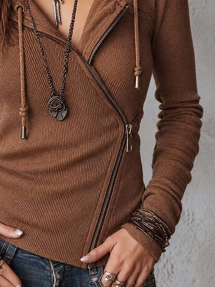 Zippered Asymmetric Knit Hoodie