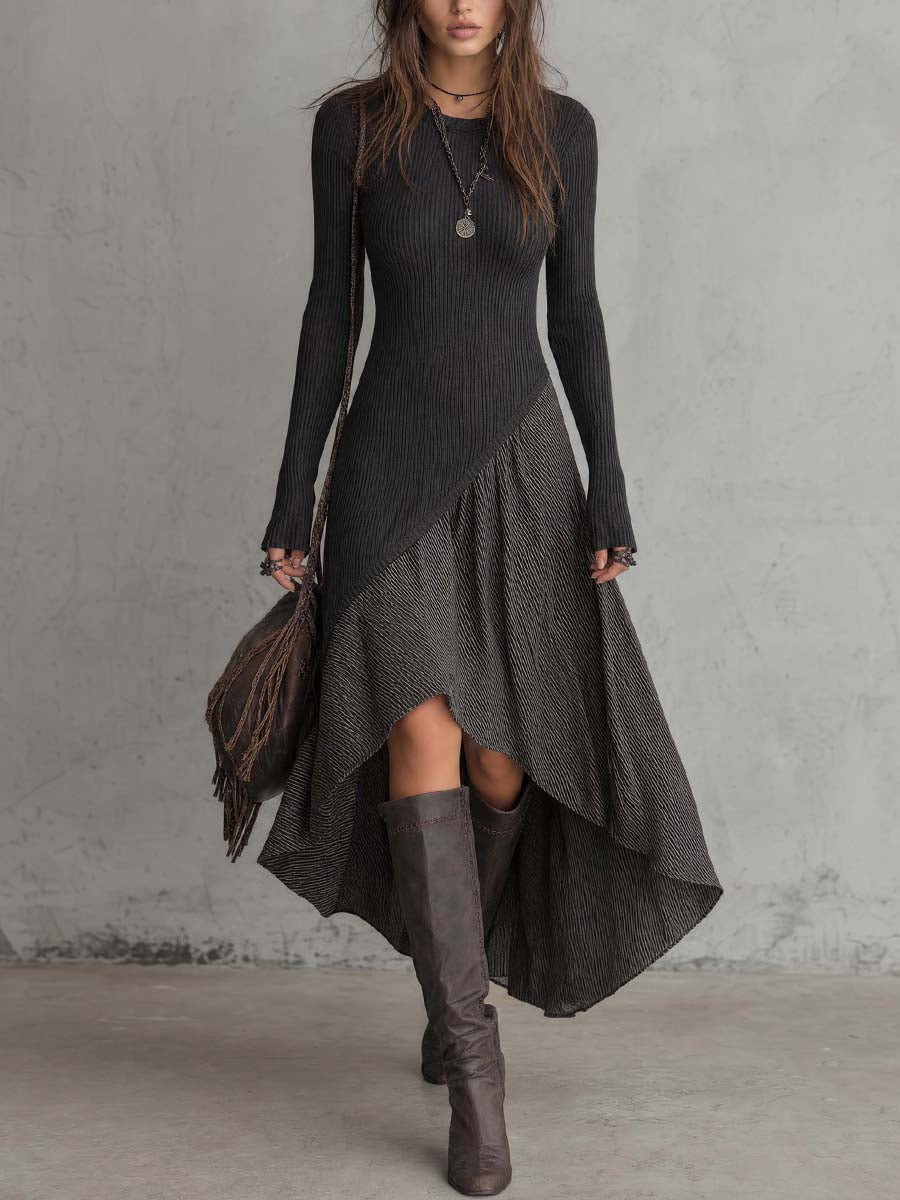 Retro Midi Dress Featuring High-Low Jacket and Striped Detail