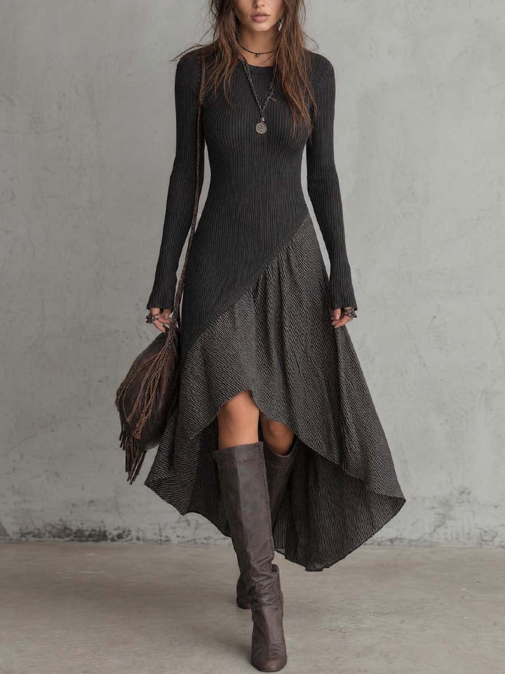 Retro Midi Dress Featuring High-Low Jacket and Striped Detail