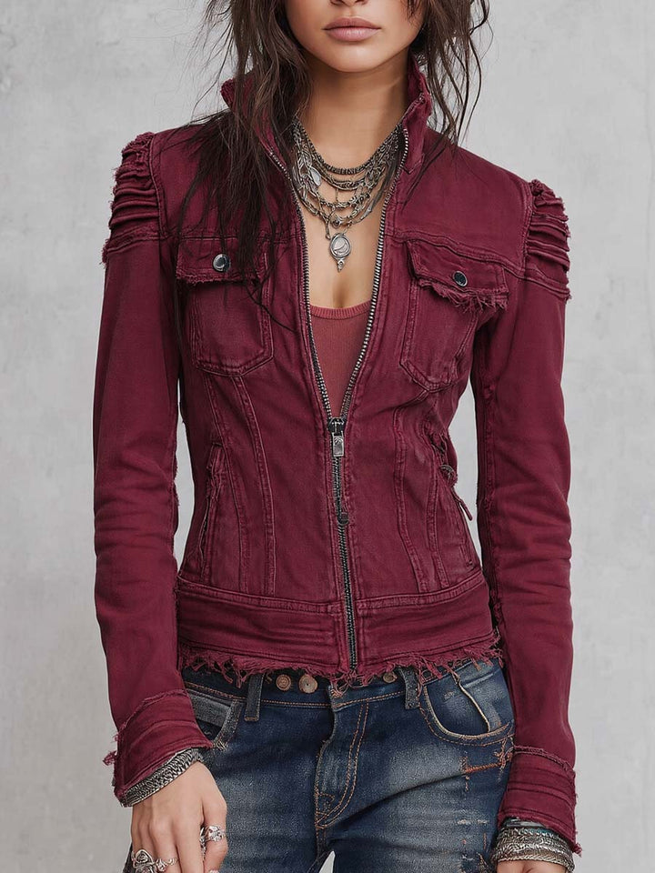 Distressed Denim Top with Fringed Details
