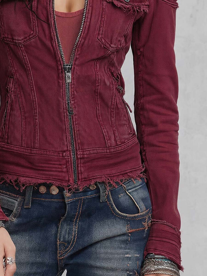Distressed Denim Top with Fringed Details