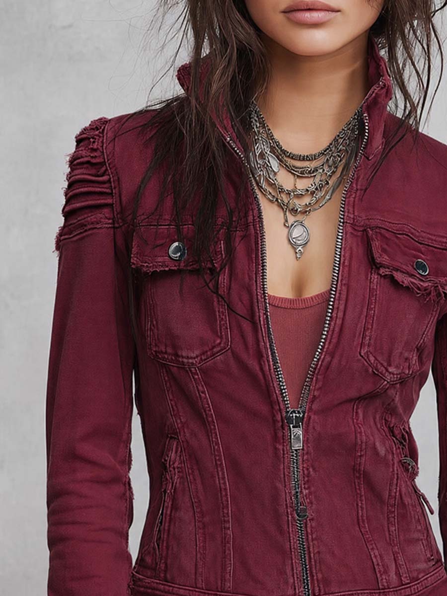 Distressed Denim Top with Fringed Details