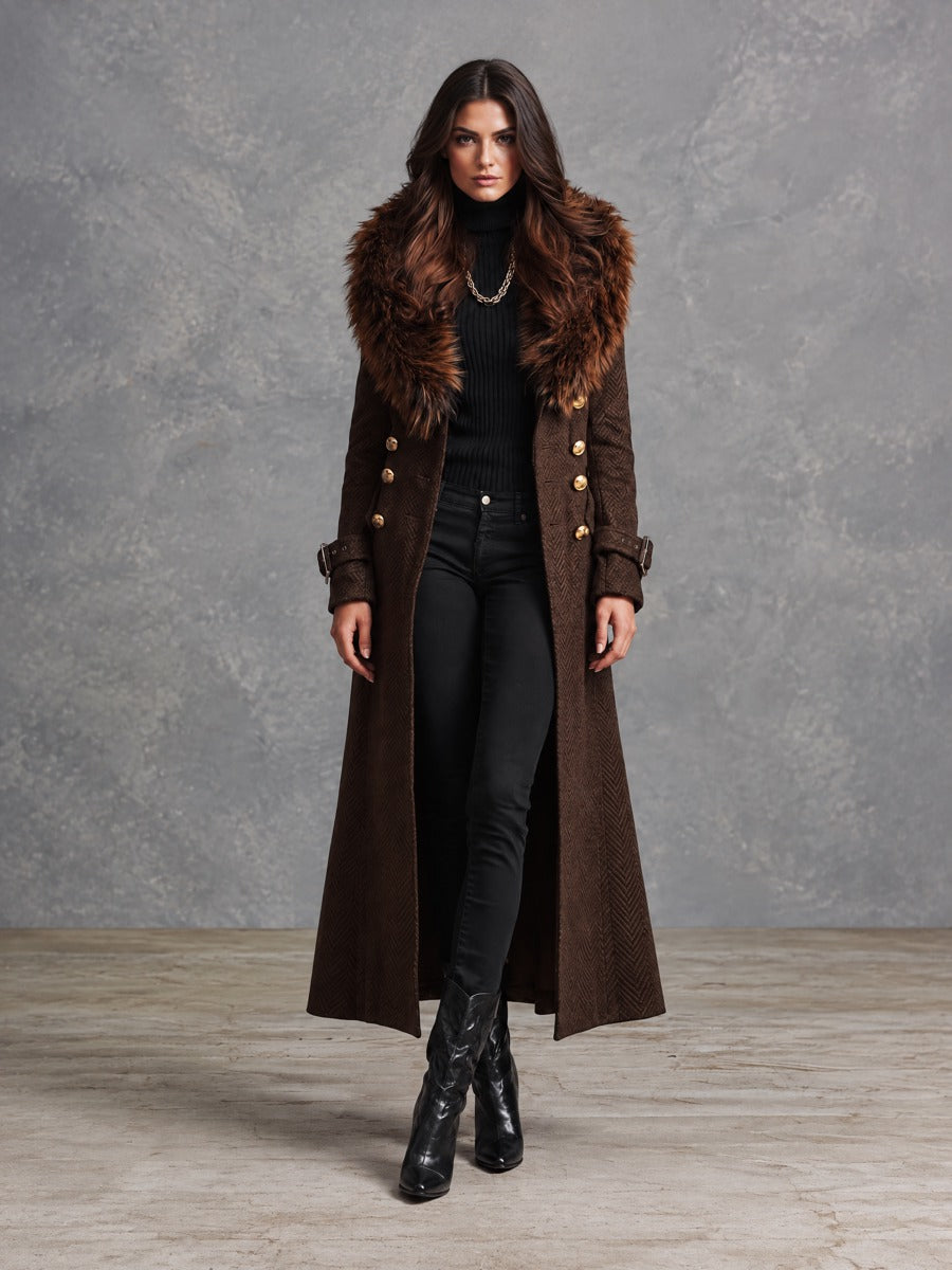 Dark Brown Long Elegant Synthetic Fur Coat