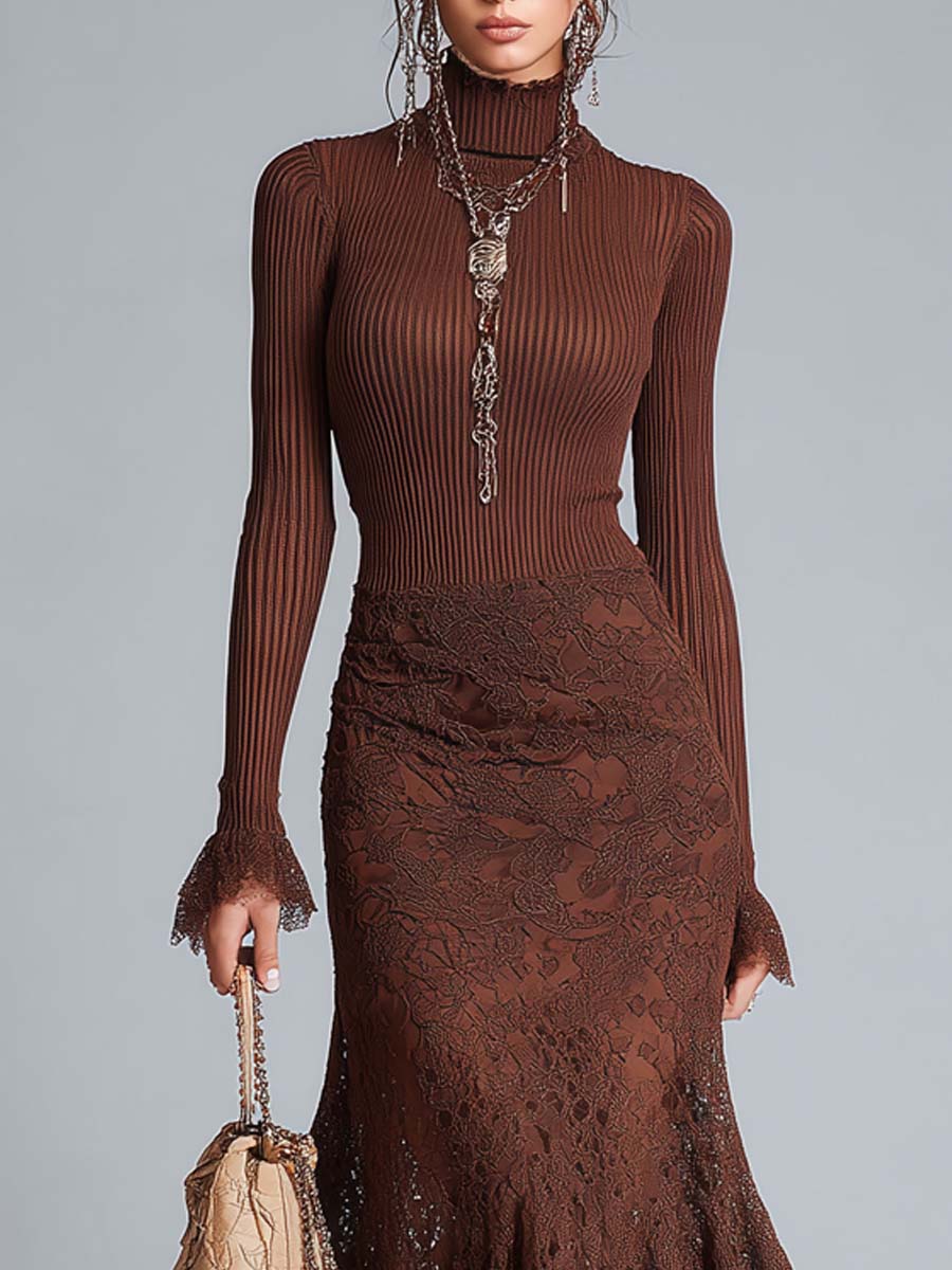 Ribbed Midi Dress with Lace Trim