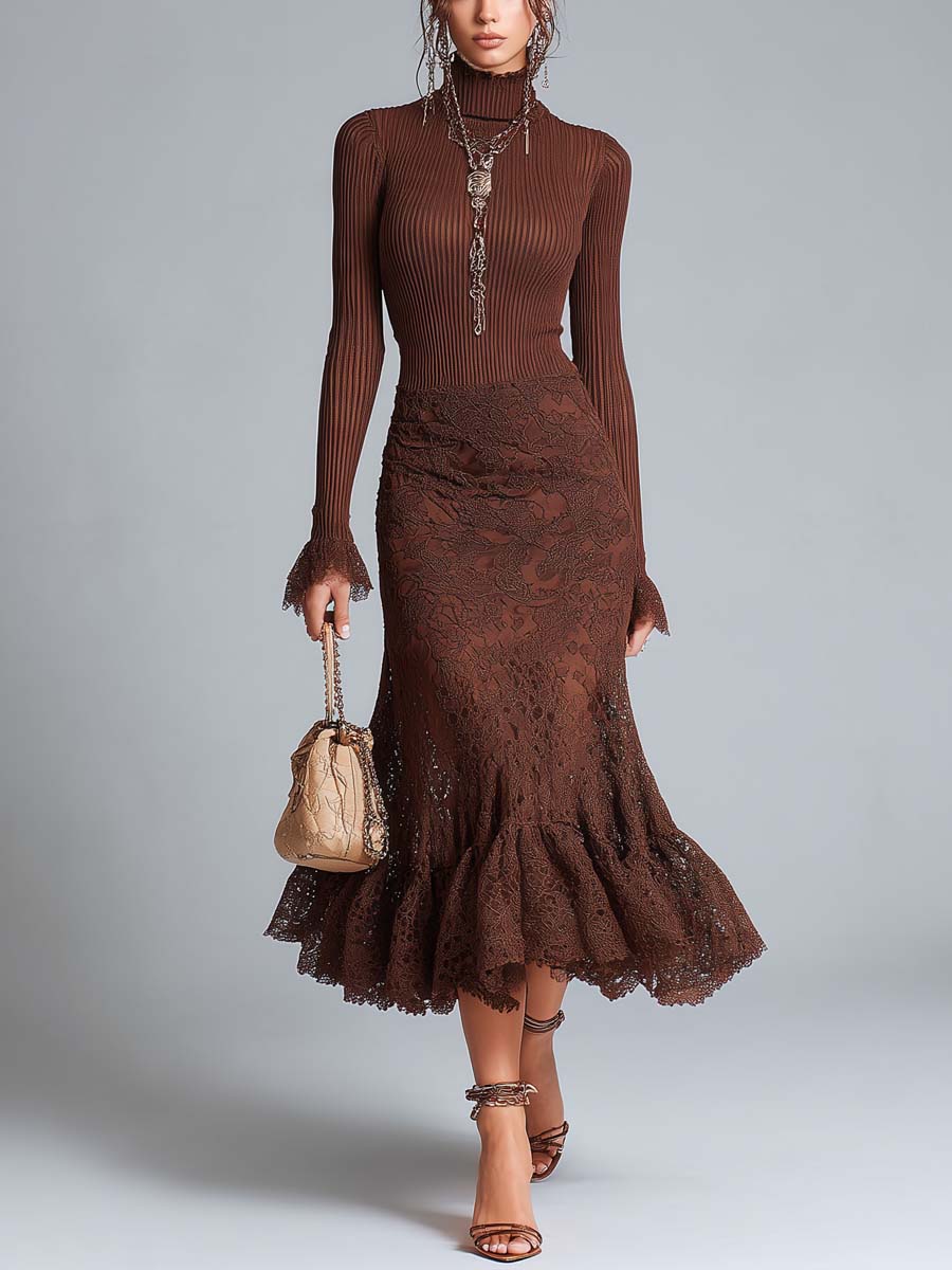 Ribbed Midi Dress with Lace Trim