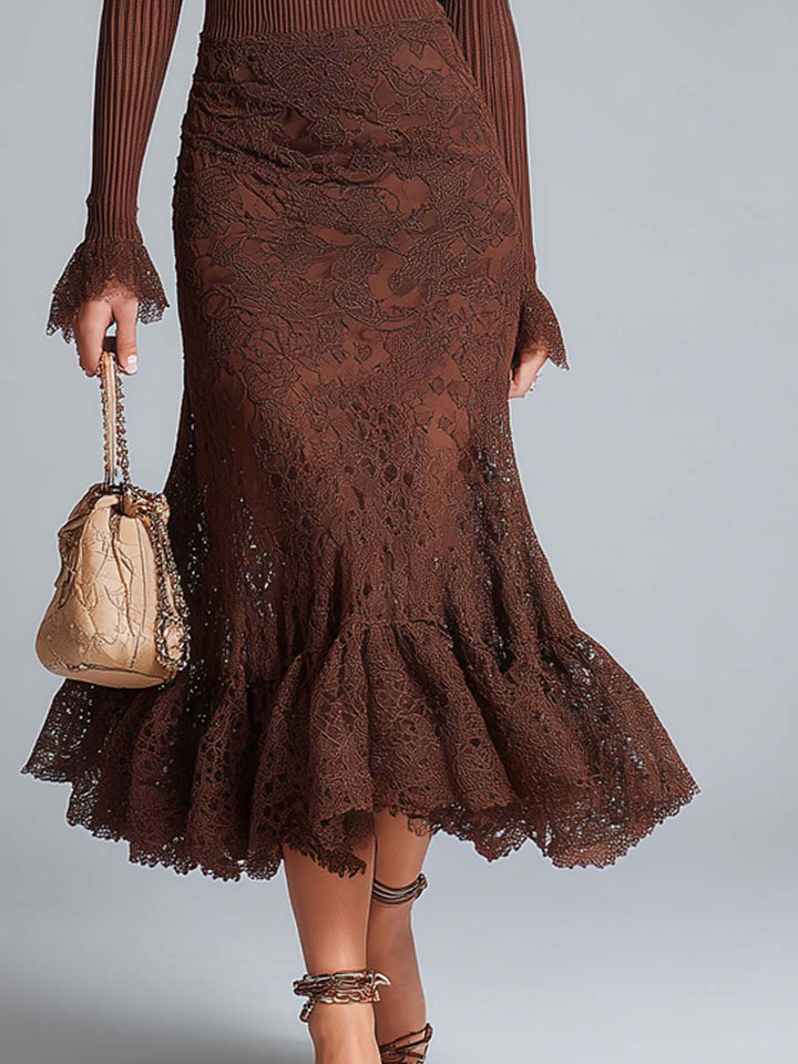 Ribbed Midi Dress with Lace Trim