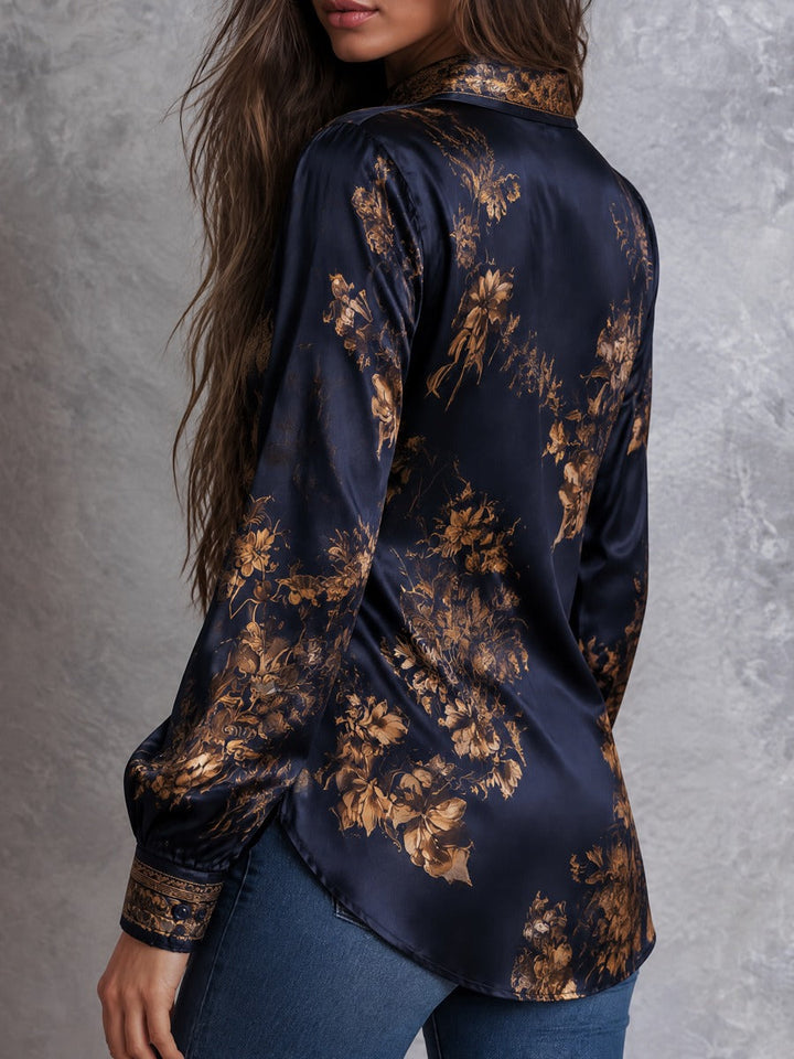 Navy Floral Women's Blouse with Gold Accents, Long Sleeves, and Button Closure