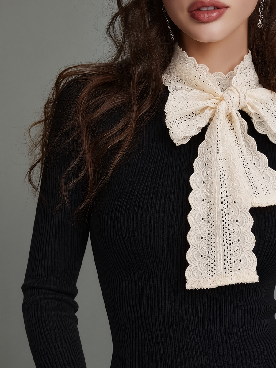 Chic Black Lace Ribbed Knit Top for a Romantic Look