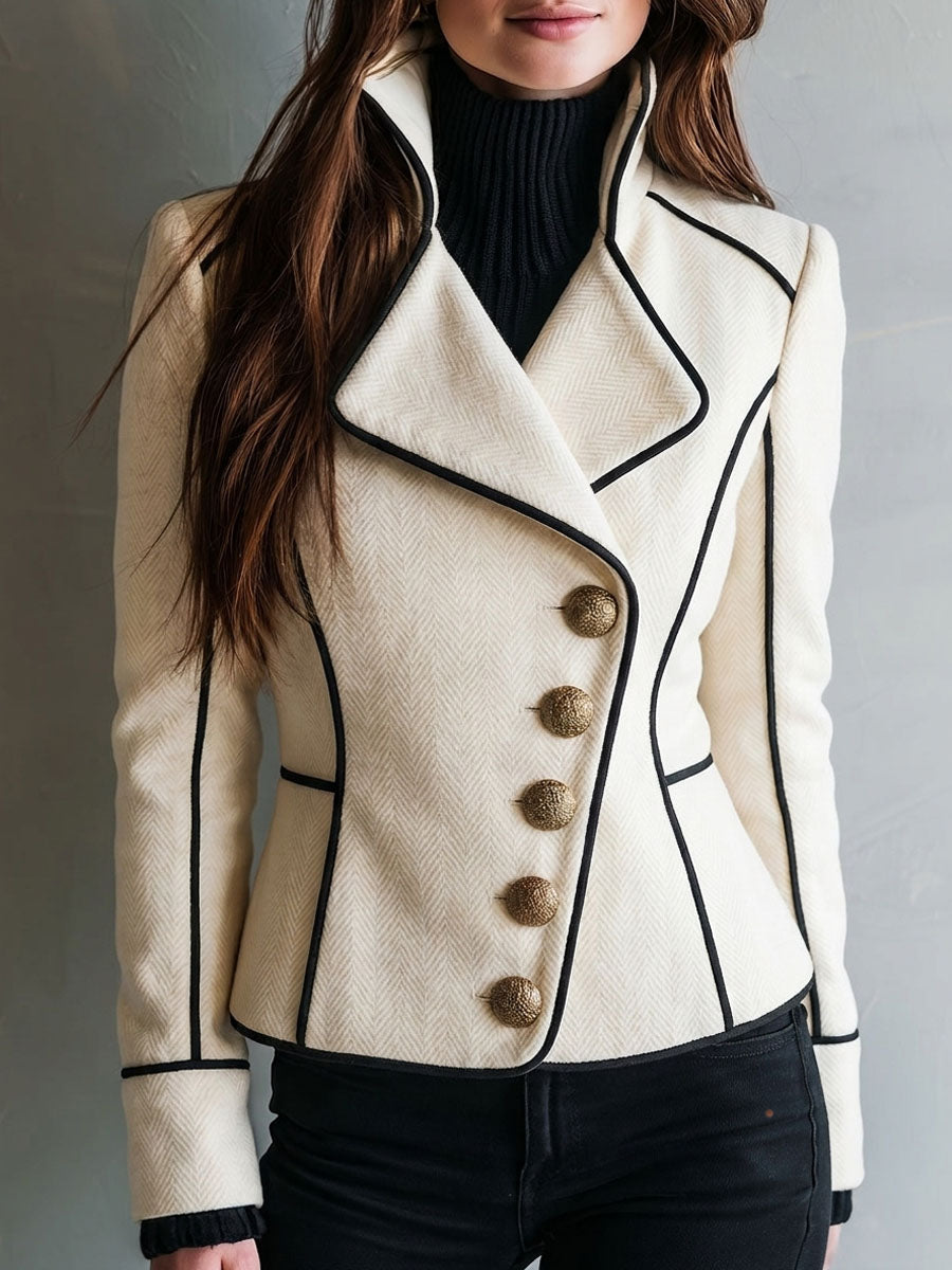 Vintage Ivory Wool Blend Jacket with Black Accents