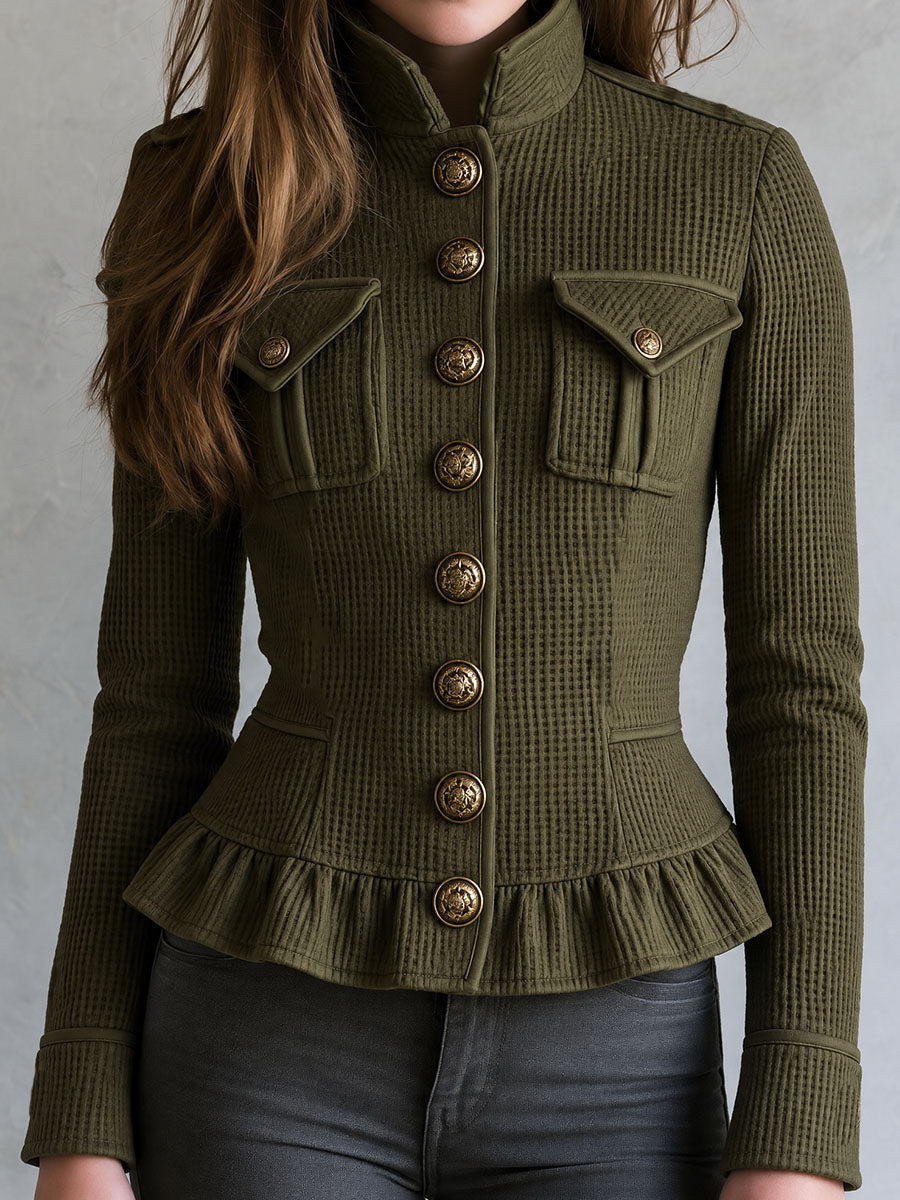 Olive Retro Waffle Jacket with Sheer Detailing