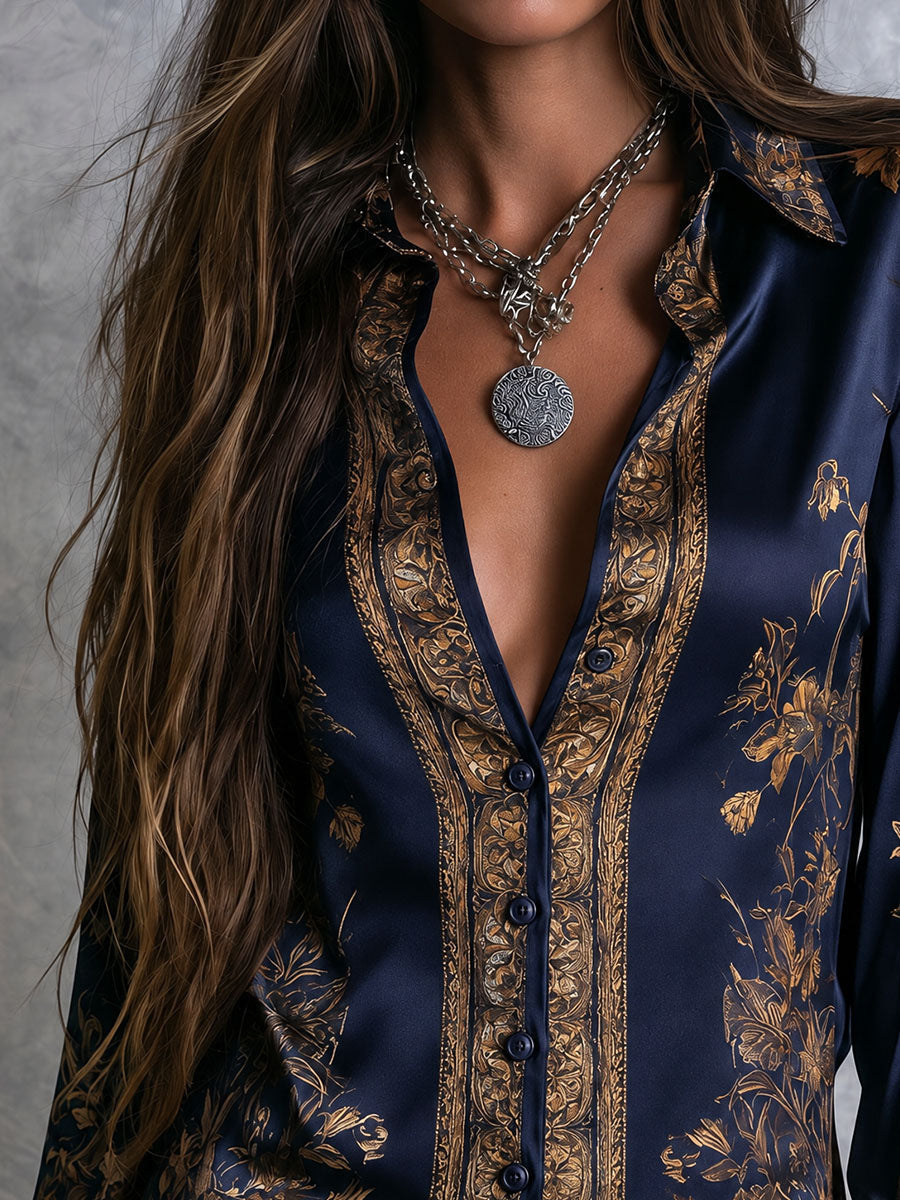 Navy Floral Women's Blouse with Gold Accents, Long Sleeves, and Button Closure