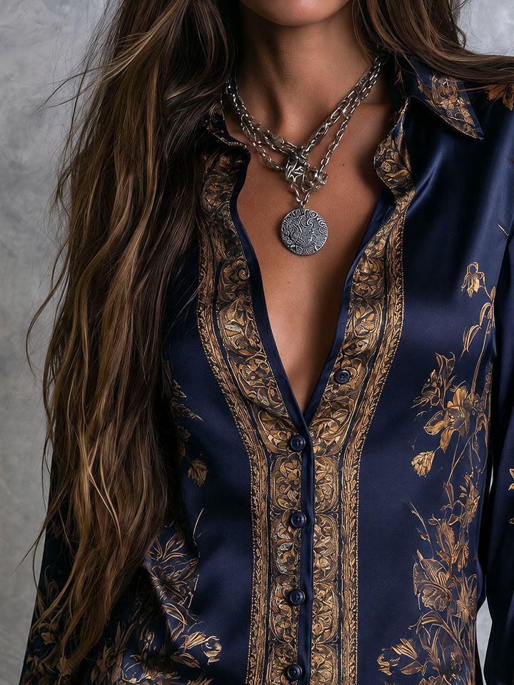 Navy Floral Women's Blouse with Gold Accents, Long Sleeves, and Button Closure