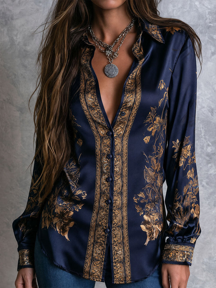 Navy Floral Women's Blouse with Gold Accents, Long Sleeves, and Button Closure