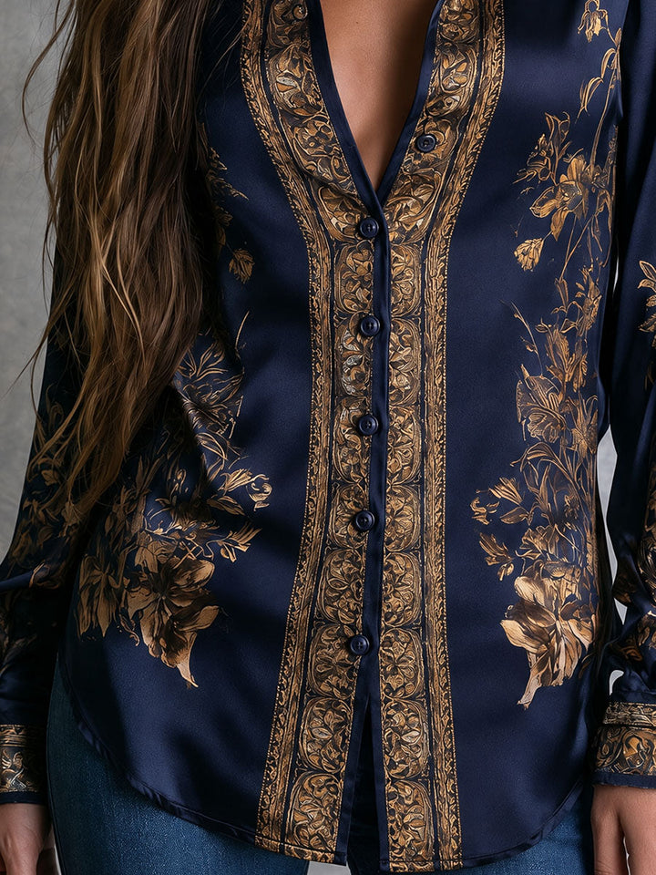 Navy Floral Women's Blouse with Gold Accents, Long Sleeves, and Button Closure