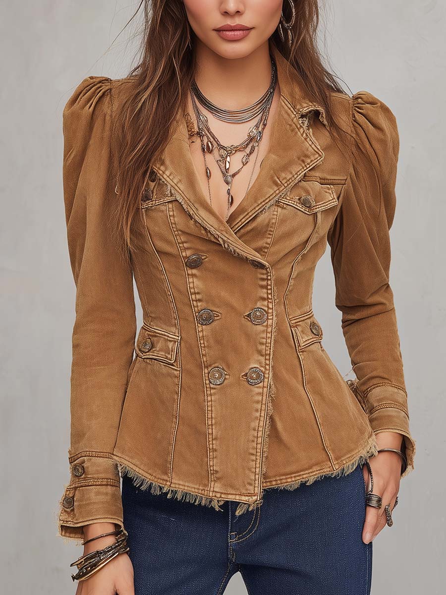 Fringed Distressed Double Denim Jacket