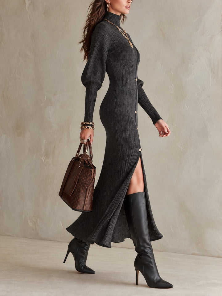 Women's Black Ribbed Short Sleeve Dress with High Neck, Gold Button Accents, and Front Split