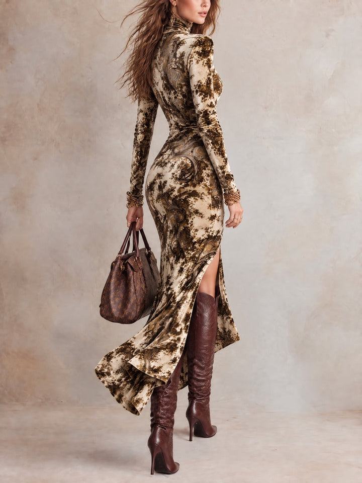 Baroque Pattern Women's Maxi Dress with High Neck, Long Sleeves, and Side Slit