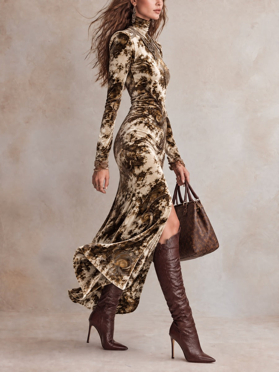 Baroque Pattern Women's Maxi Dress with High Neck, Long Sleeves, and Side Slit