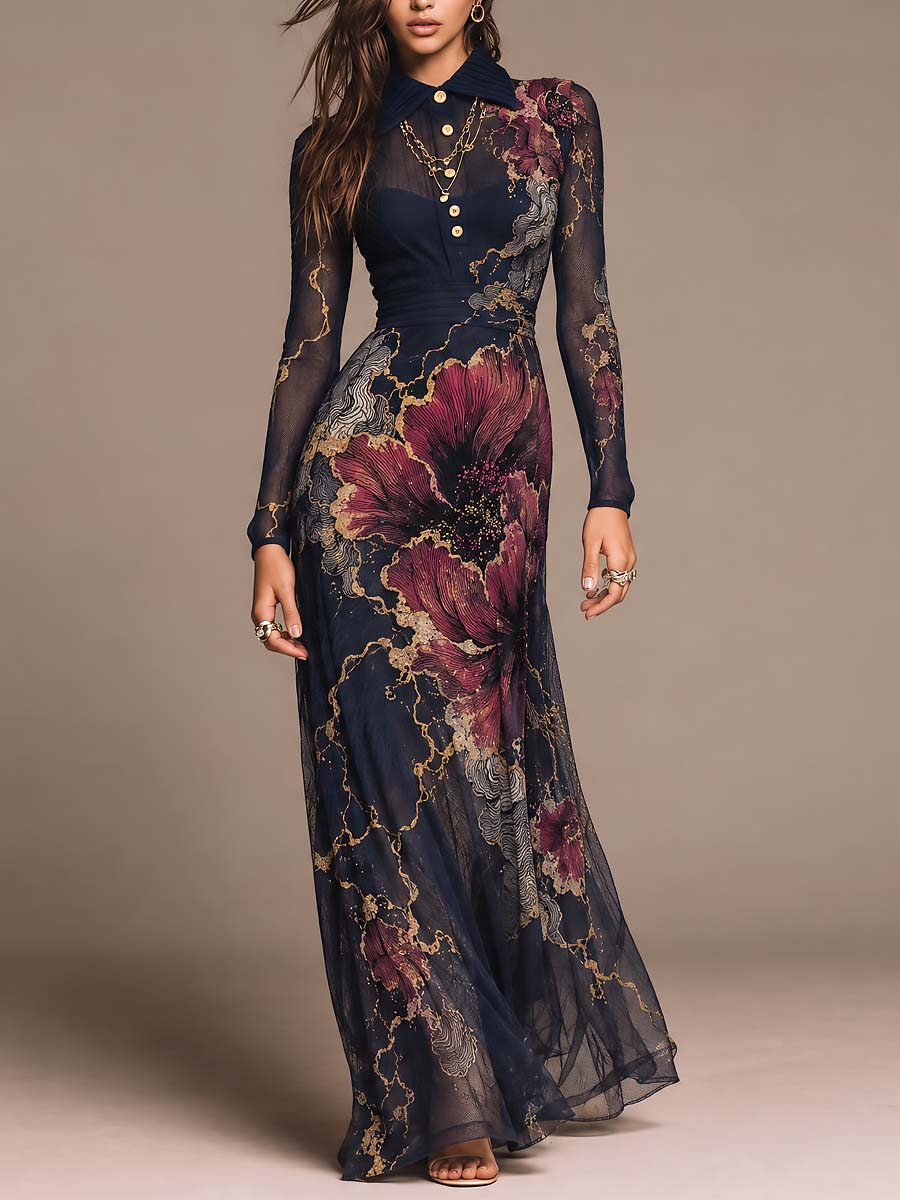 Navy Floral Long Dress with Sheer Long Sleeves and Gold Accents