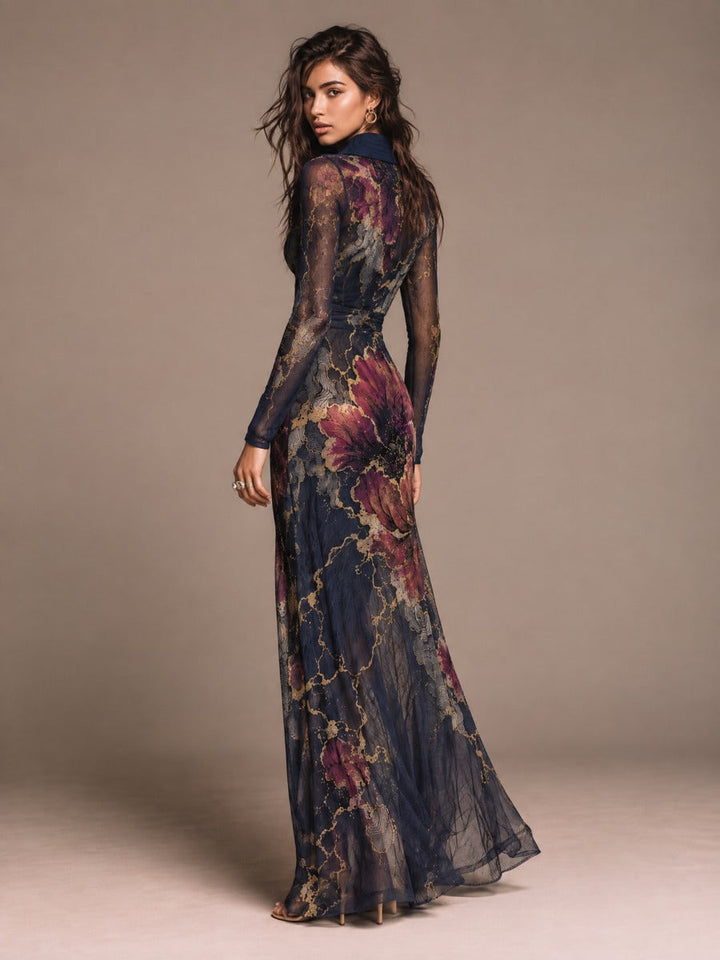 Navy Floral Long Dress with Sheer Long Sleeves and Gold Accents