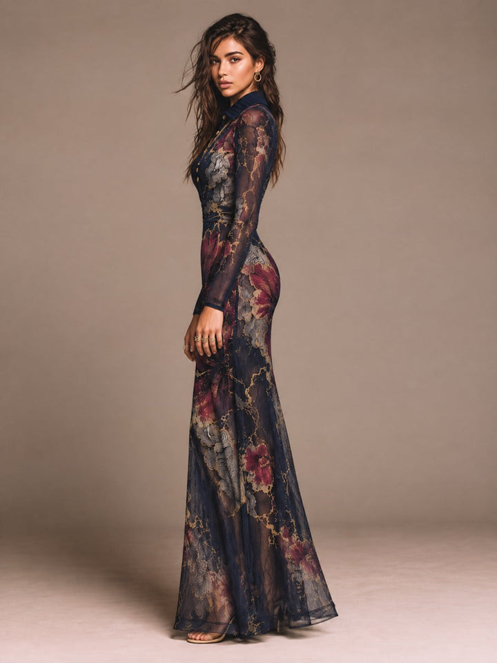 Navy Floral Long Dress with Sheer Long Sleeves and Gold Accents