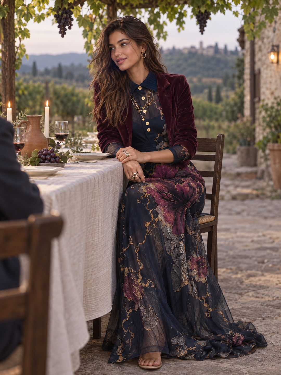 Navy Floral Long Dress with Sheer Long Sleeves and Gold Accents