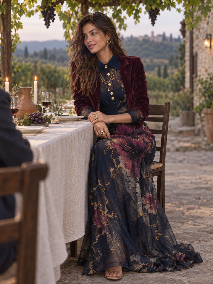 Navy Floral Long Dress with Sheer Long Sleeves and Gold Accents