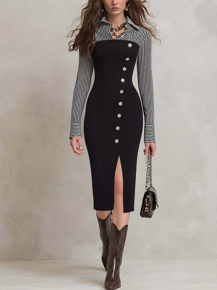 Retro Striped Knit Midi Dress Featuring Faux Layered Design