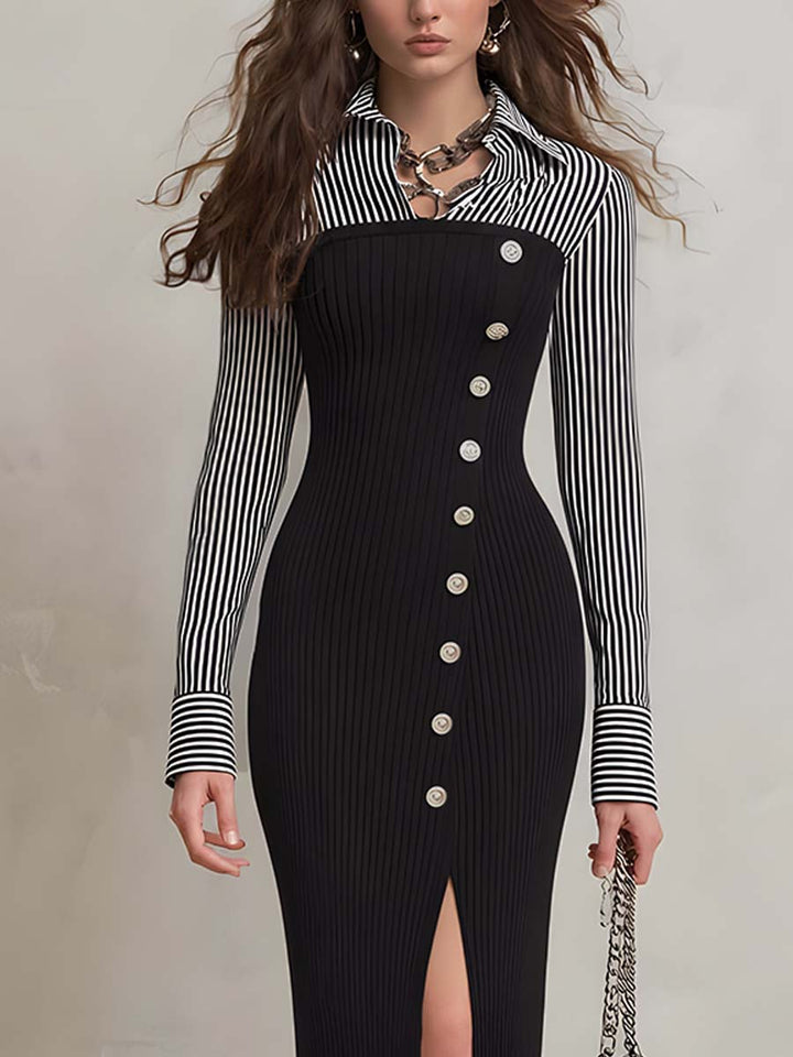 Retro Striped Knit Midi Dress Featuring Faux Layered Design