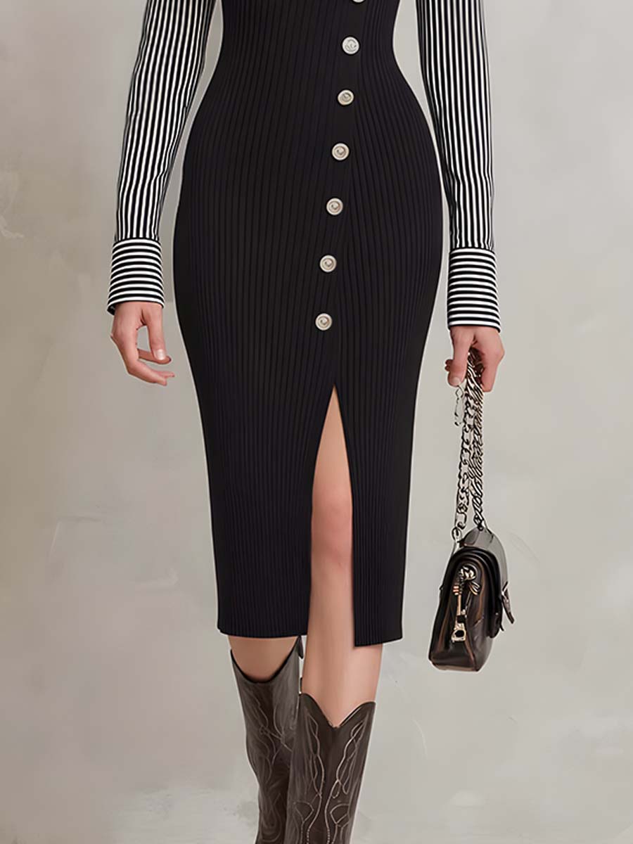 Retro Striped Knit Midi Dress Featuring Faux Layered Design