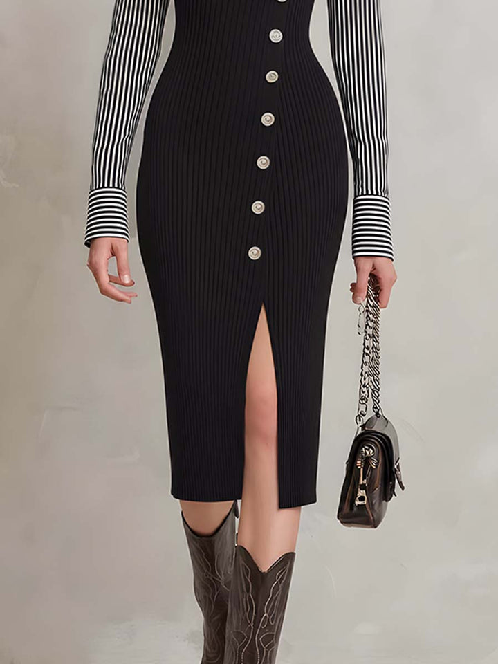 Retro Striped Knit Midi Dress Featuring Faux Layered Design