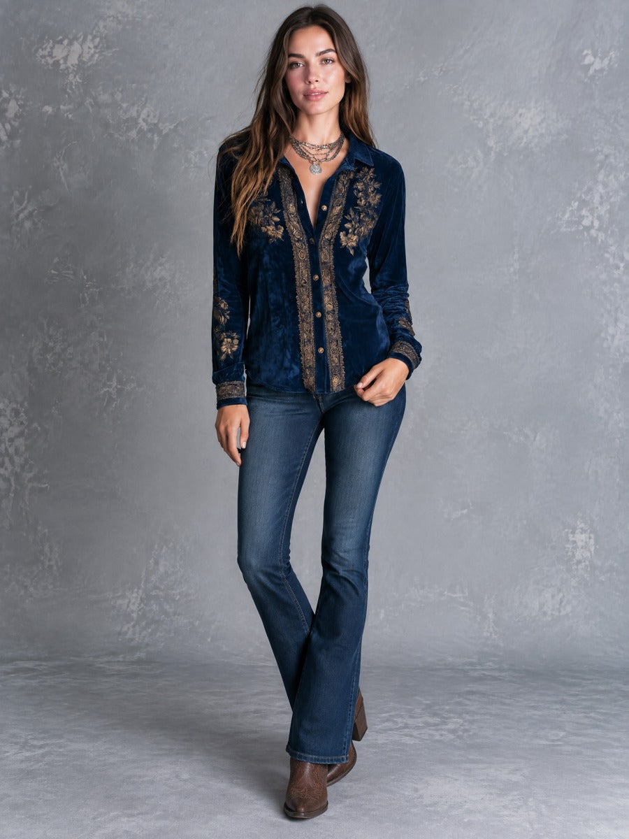 Royal Blue Bohemian Vintage Velvet Top with Embroidery