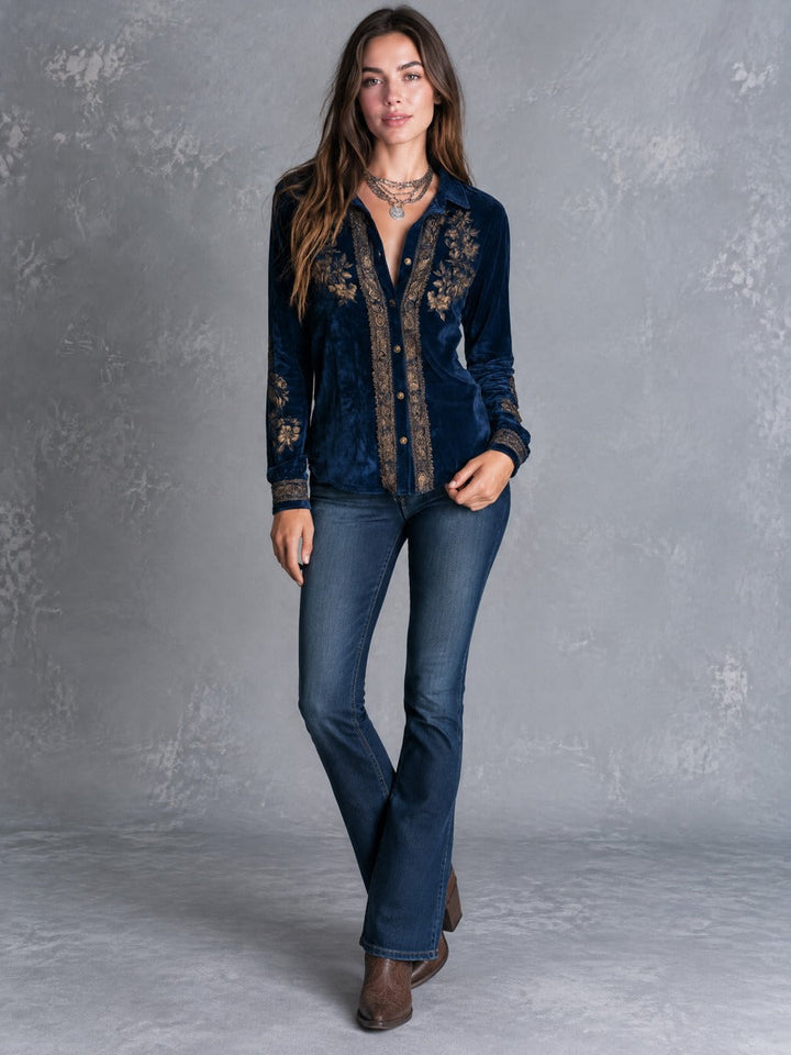 Royal Blue Bohemian Vintage Velvet Top with Embroidery