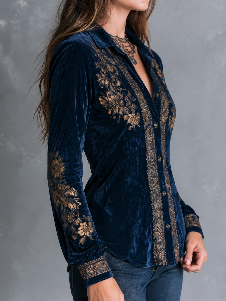 Royal Blue Bohemian Vintage Velvet Top with Embroidery