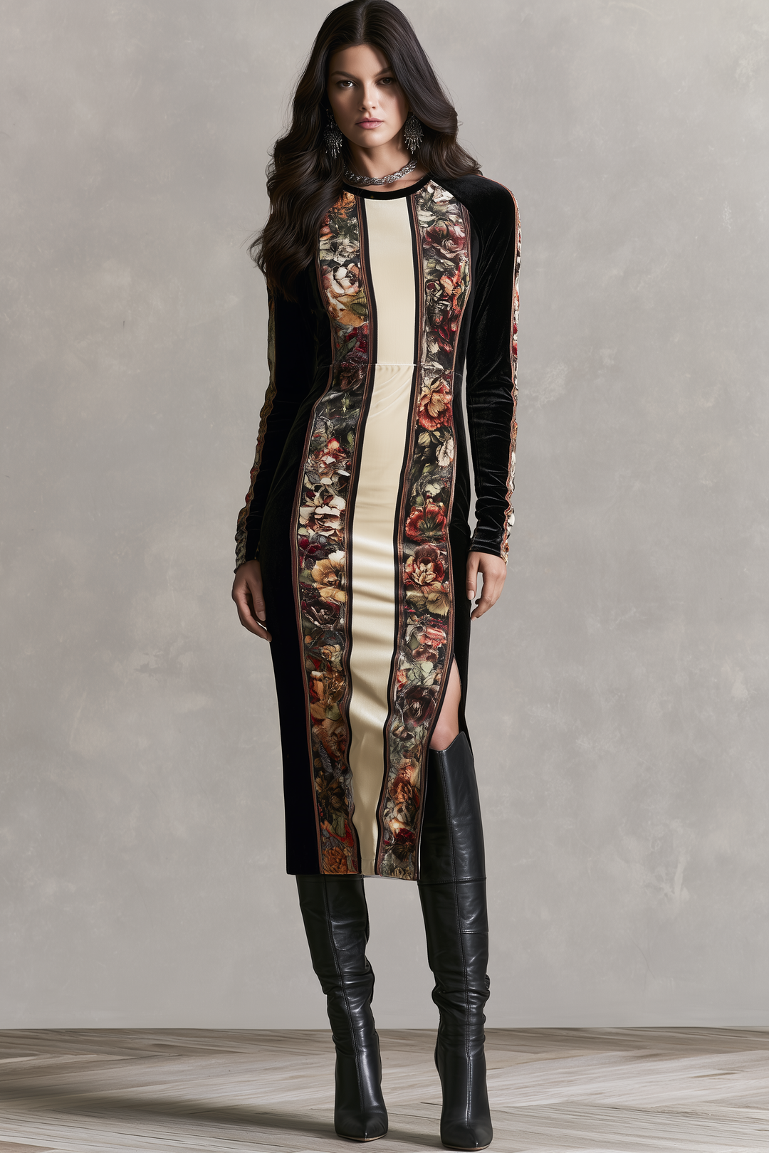 Floral Velvet Midi Dress with Long Sleeves and Side Slit