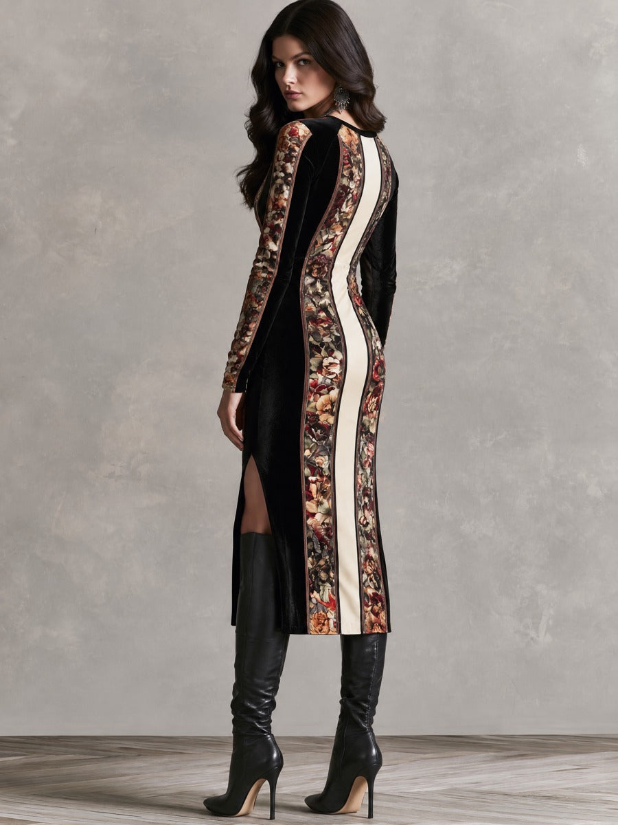 Floral Velvet Midi Dress with Long Sleeves and Side Slit
