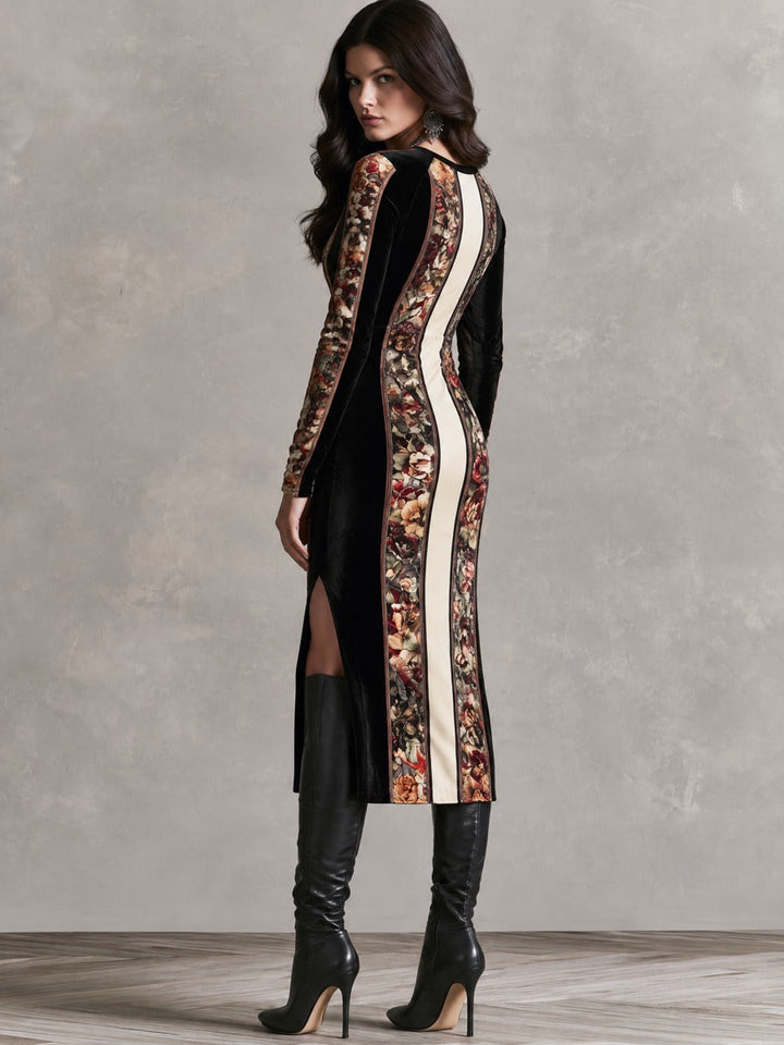 Floral Velvet Midi Dress with Long Sleeves and Side Slit