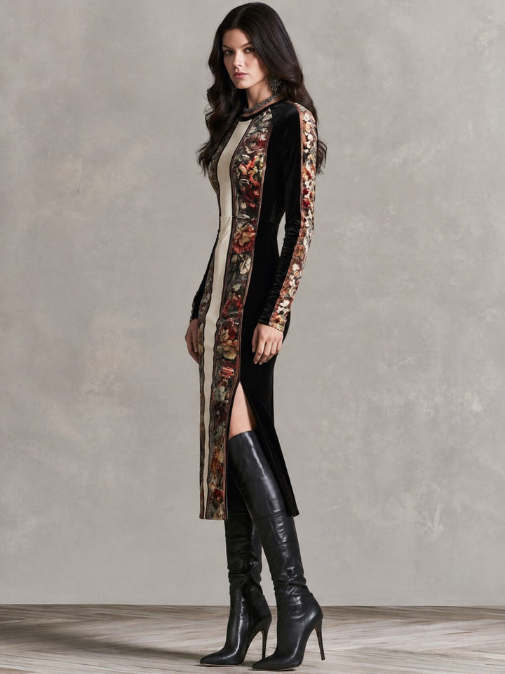 Floral Velvet Midi Dress with Long Sleeves and Side Slit