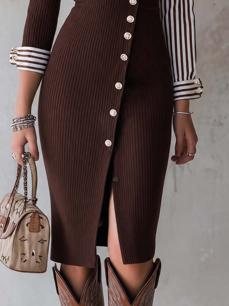 Asymmetrical Twisted Knit Midi Dress Featuring Faux Double Shoulders