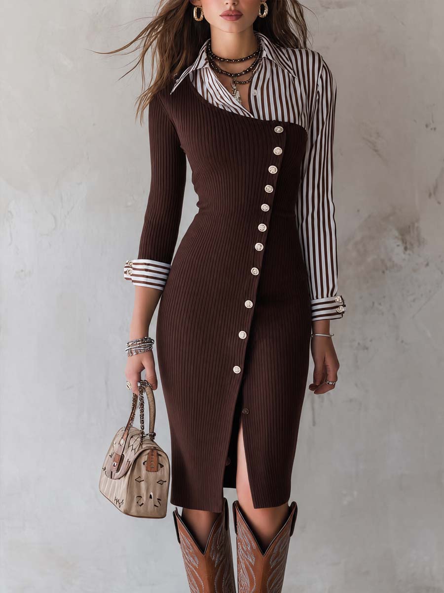 Asymmetrical Twisted Knit Midi Dress Featuring Faux Double Shoulders