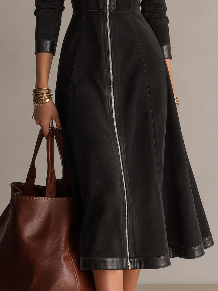 Retro Black Midi Dress with Zipper Detail