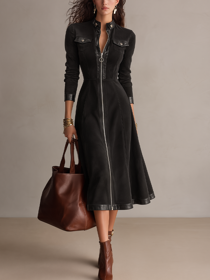 Retro Black Midi Dress with Zipper Detail